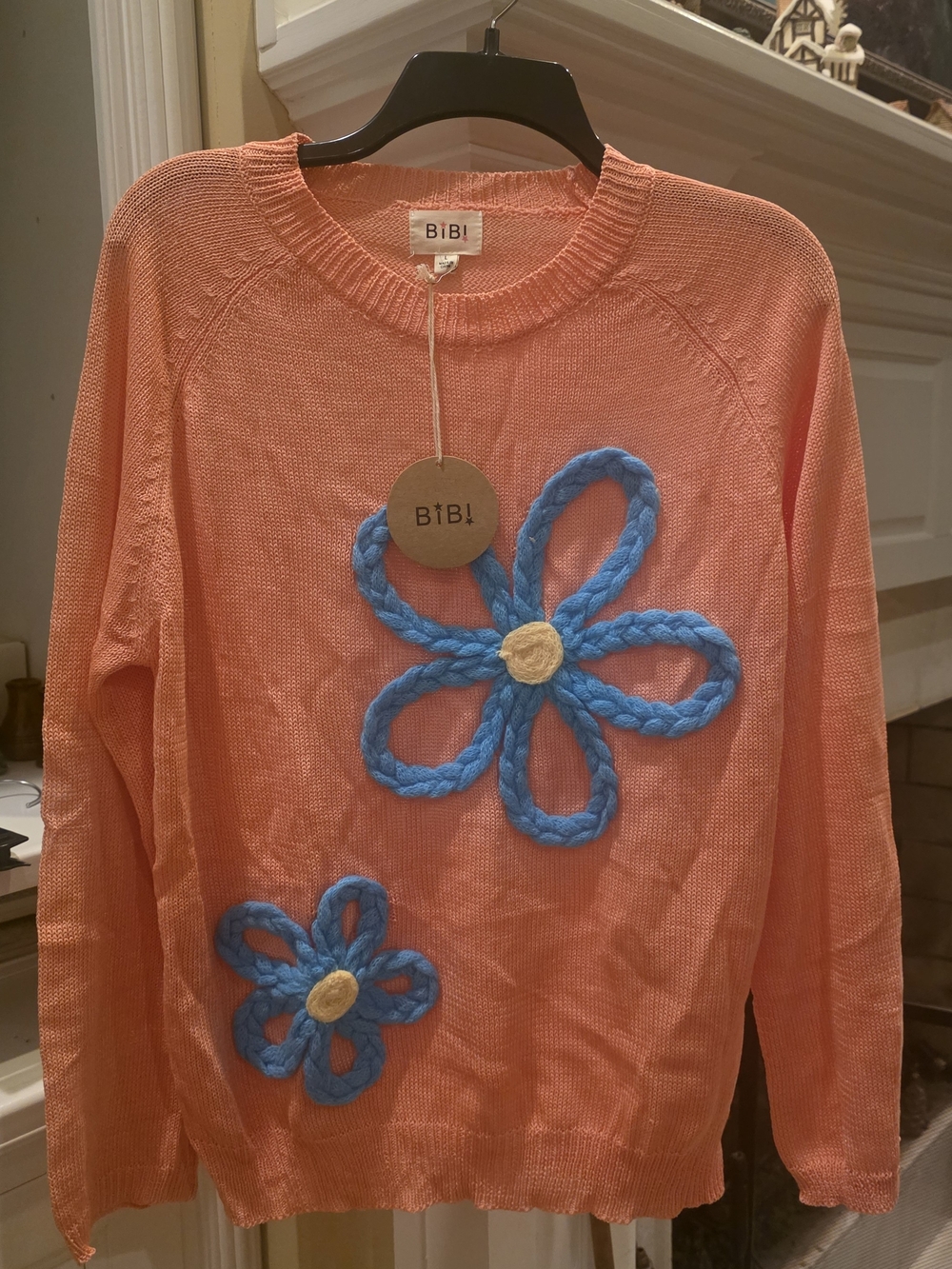 BiBi Coral Crewneck Sweater with Blue Flower Appliqués